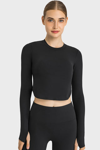 Shop Millennia Side Slit Long Sleeve Round Neck Crop Top - High-Quality U.S. Made Women’s Fashion with Free & Fast Shipping