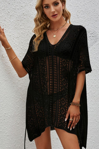 Shop Openwork V-Neck Short Sleeve Cover Up - High-Quality U.S. Made Women’s Fashion with Free Fast Shipping