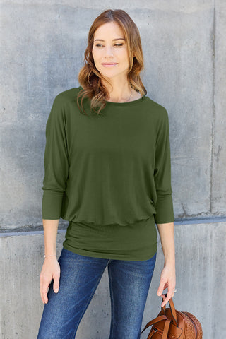 Shop Army Green Basic Bae Full Size Round Neck Batwing Sleeve Top - High-Quality U.S. Made Women’s Fashion with Free & Fast Shipping