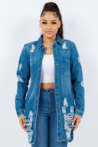 Shop American Bazi Distressed Button Up Long Sleeve Denim Jacket - High-Quality U.S. Made Women’s Fashion with Free Fast Shipping