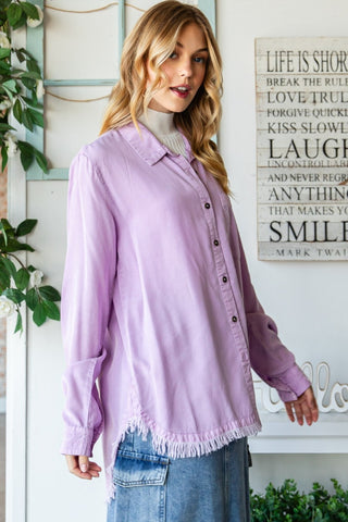 Shop Veveret Raw Hem Button Up Long Sleeve Shirt - High-Quality U.S. Made Women’s Fashion with Free & Fast Shipping