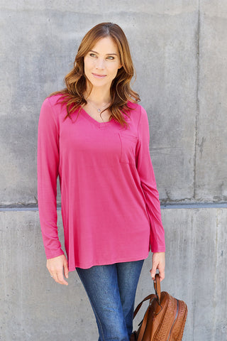 Shop Hot Pink Basic Bae Full Size V-Neck Long Sleeve Top - High-Quality U.S. Made Women’s Fashion with Free & Fast Shipping