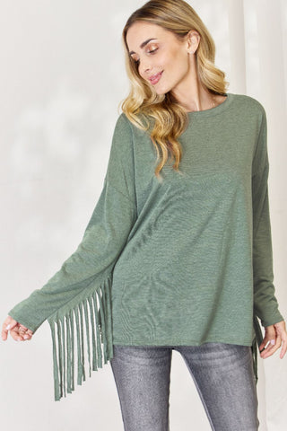 Shop Celeste Full Size Fringe Detail Long Sleeve Top - High-Quality U.S. Made Women’s Fashion with Free & Fast Shipping