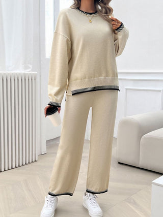 Shop Round Neck Dropped Shoulder Top and Pants Sweater Set - High-Quality U.S. Made Women’s Fashion with Free Fast Shipping