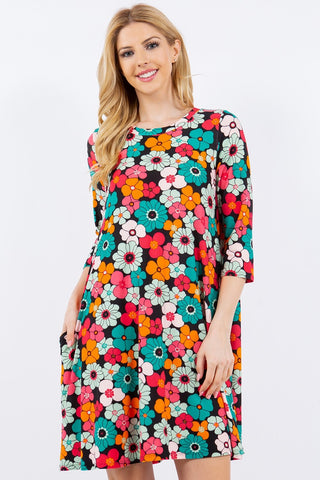 Shop Black Floral Celeste Full Size Floral Three-Quarter Sleeve Dress with Pockets - High-Quality U.S. Made Women’s Fashion with Free & Fast Shipping