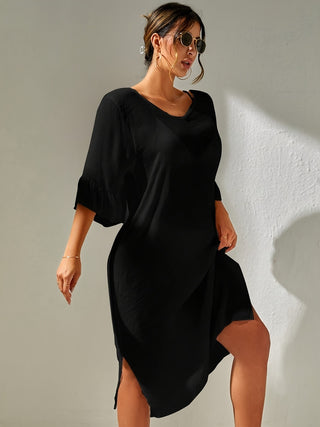 Shop Slit V-Neck Flounce Sleeve Cover-Up - High-Quality U.S. Made Women’s Fashion with Free & Fast Shipping