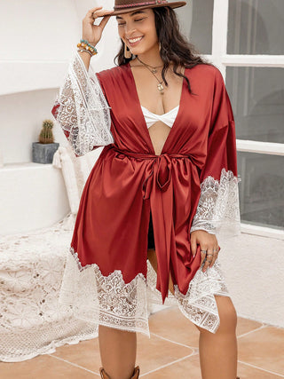 Shop Plus Size Lace Patchwork Tie Front Robe - High-Quality U.S. Made Women’s Fashion with Free & Fast Shipping