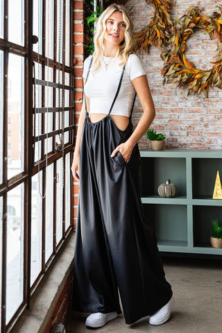 Shop Black First Love Drawstring Back Spaghetti Strap Wide Leg Overall - High-Quality U.S. Made Women’s Fashion with Free & Fast Shipping