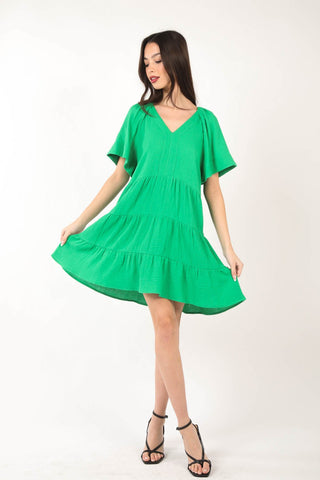 Shop VERY J Texture V-Neck Ruffled Tiered Dress - High-Quality U.S. Made Women’s Fashion with Free & Fast Shipping