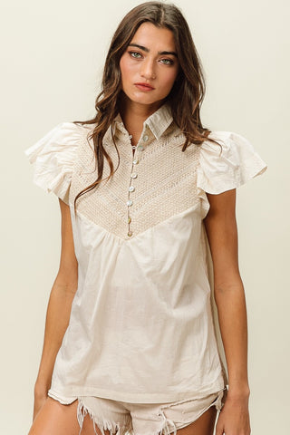 Shop BiBi Half Button Collared Neck Short Sleeve Top - High-Quality U.S. Made Women’s Fashion with Free & Fast Shipping