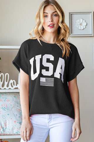 Shop Black Heimish Full Size USA Graphic Short Sleeve Ribbed Top - High-Quality U.S. Made Women’s Fashion with Free & Fast Shipping