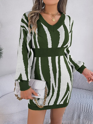 Shop Animal Print V-Neck Long Sleeve Sweater Dress - High-Quality U.S. Made Women’s Fashion with Free & Fast Shipping