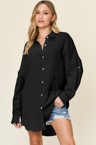 Shop Double Take Full Size Pocketed Texture Button Up Shirt - High-Quality U.S. Made Women’s Fashion with Free & Fast Shipping