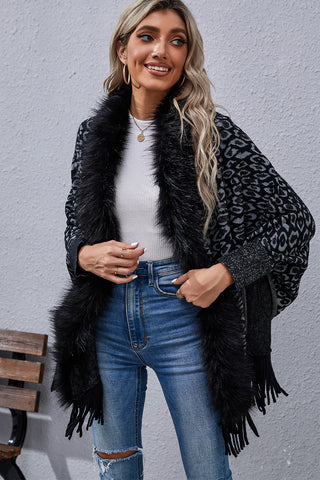 Shop Leopard Fringe Detail Poncho - High-Quality U.S. Made Women’s Fashion with Free Fast Shipping