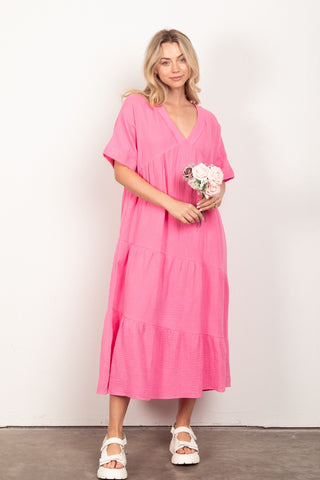 Shop PINK VERY J Soft Crinkle Gauze Short Sleeve Midi Dress - High-Quality U.S. Made Women’s Fashion with Free & Fast Shipping