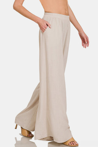 Shop Zenana Pleated Linen Blend Wide Leg Pants - High-Quality U.S. Made Women’s Fashion with Free & Fast Shipping