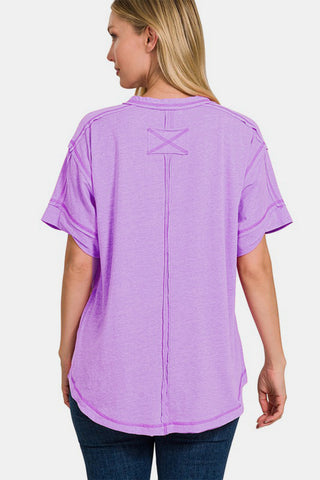 Shop Zenana Exposed Seam Half Button Short Sleeve Top - High-Quality U.S. Made Women’s Fashion with Free & Fast Shipping