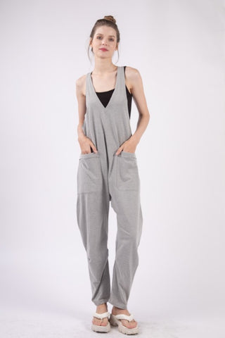 Shop Grey VERY J Plunge Sleeveless Jumpsuit with Pockets - High-Quality U.S. Made Women’s Fashion with Free & Fast Shipping