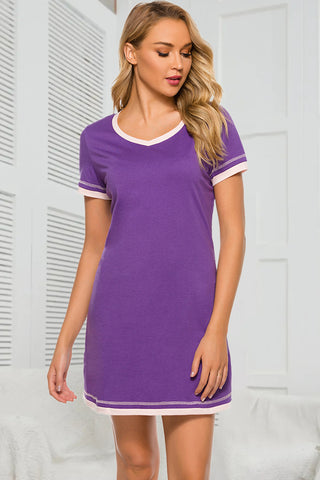 Shop Purple Contrast Trim Short Sleeve Lounge Dress - High-Quality U.S. Made Women’s Fashion with Free & Fast Shipping