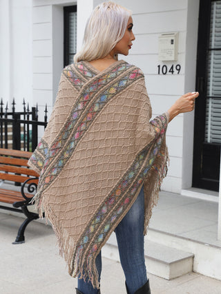 Shop Contrast V-Neck Poncho with Fringes - High-Quality U.S. Made Women’s Fashion with Free & Fast Shipping