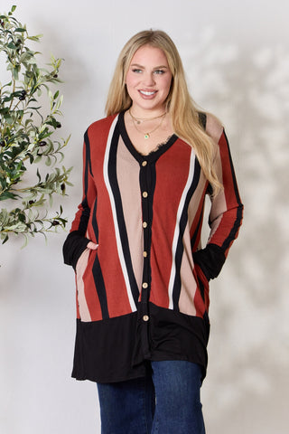 Shop Celeste Full Size Striped Button Up Long Sleeve Cardigan - High-Quality U.S. Made Women’s Fashion with Free & Fast Shipping