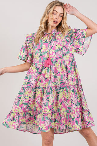 Shop Pink SAGE + FIG Floral Ruffle Short Sleeve Dress - High-Quality U.S. Made Women’s Fashion with Free & Fast Shipping