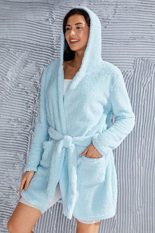 Shop Fuzzy Tied Pocketed Hooded Lounge Nightgown - High-Quality U.S. Made Women’s Fashion with Free & Fast Shipping