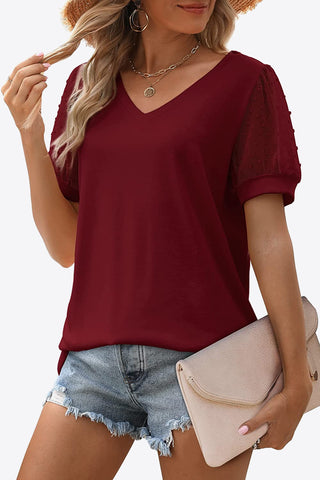 Shop Swiss Dot Puff Sleeve V-Neck Tee - High-Quality U.S. Made Women’s Fashion with Free & Fast Shipping