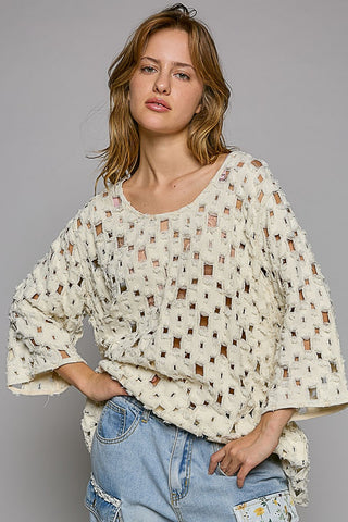 Shop Egg Shell POL Round Neck Worn-Out Detail See Through Top - High-Quality U.S. Made Women’s Fashion with Free & Fast Shipping