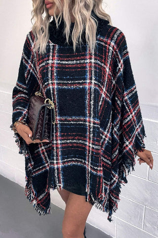 Shop Plaid Turtleneck Fringe Hem Poncho - High-Quality U.S. Made Women’s Fashion with Free Fast Shipping