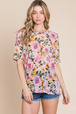 Shop Sand BOMBOM Floral Round Neck T-Shirt - High-Quality U.S. Made Women’s Fashion with Free & Fast Shipping