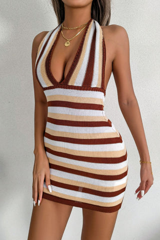 Shop Striped Halter Neck Backless Knit Mini Dress - High-Quality U.S. Made Women’s Fashion with Free & Fast Shipping