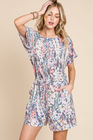 Shop BOMBOM Printed Short Sleeve Drawstring Romper - High-Quality U.S. Made Women’s Fashion with Free & Fast Shipping