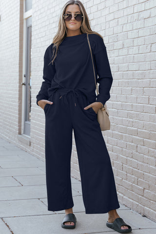 Shop Double Take Full Size Textured Long Sleeve Top and Drawstring Pants Set - High-Quality U.S. Made Women’s Fashion with Free Fast Shipping