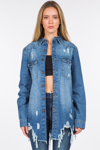 Shop American Bazi Distressed Frayed Hem Denim Jacket - High-Quality U.S. Made Women’s Fashion with Free Fast Shipping