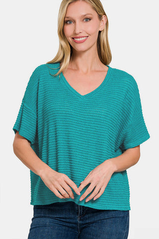 Shop Lt Teal Zenana Drop Shoulder Short Sleeve Jacquard Knit Top - High-Quality U.S. Made Women’s Fashion with Free & Fast Shipping