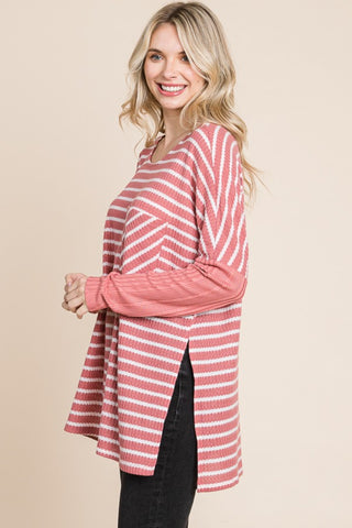 Shop Culture Code Oversize Striped Round Neck Long Sleeve Slit T-Shirt - High-Quality U.S. Made Women’s Fashion with Free & Fast Shipping