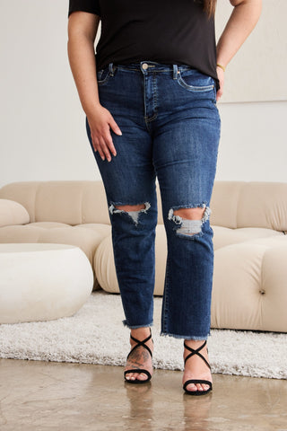 Shop RFM Crop Dylan Full Size Tummy Control Distressed High Waist Raw Hem Jeans - High-Quality U.S. Made Women’s Fashion with Free Fast Shipping