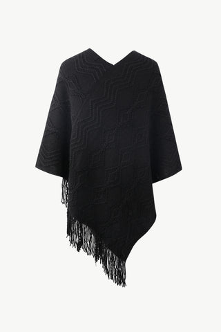 Shop Pearl Trim V-Neck Fringe Hem Poncho - High-Quality U.S. Made Women’s Fashion with Free Fast Shipping