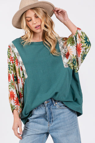 Shop Teal SAGE + FIG Full Size Printed Balloon Sleeve Contrast Top - High-Quality U.S. Made Women’s Fashion with Free & Fast Shipping