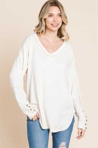 Shop ECRUCREAM Culture Code Full Size V-Neck Dropped Shoulder Blouse - High-Quality U.S. Made Women’s Fashion with Free & Fast Shipping