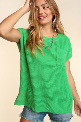 Shop Kelly Green Haptics Pocketed Round Neck Cap Sleeve Knit Top - High-Quality U.S. Made Women’s Fashion with Free & Fast Shipping