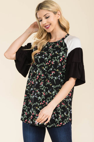 Shop Celeste Full Size Floral Contrast Bell Sleeve Top - High-Quality U.S. Made Women’s Fashion with Free & Fast Shipping