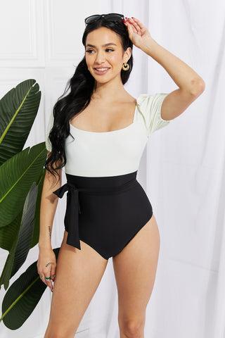 Shop Marina West Swim Salty Air Puff Sleeve One-Piece in Cream/Black - High-Quality U.S. Made Women’s Fashion with Free Fast Shipping