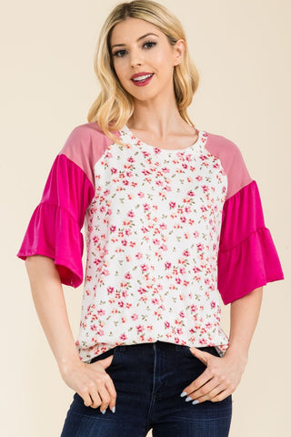 Shop Fuchsia Floral Celeste Full Size Floral Contrast Bell Sleeve Top - High-Quality U.S. Made Women’s Fashion with Free & Fast Shipping