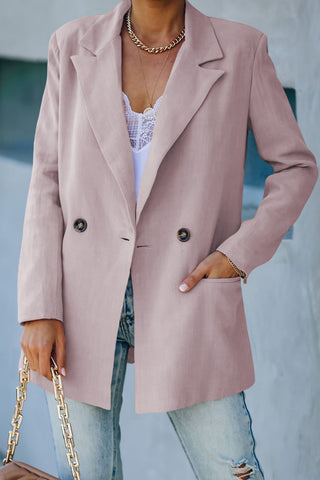 Shop Pink Double Take Double-Breasted Padded Shoulder Blazer with Pockets - High-Quality U.S. Made Women’s Fashion with Free & Fast Shipping