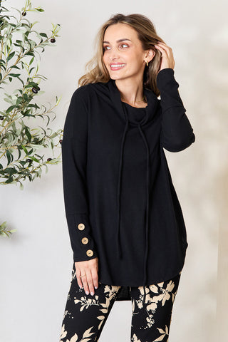 Shop Black Jade By Jane Full Size Drawstring Cowl Neck Long Sleeve Blouse - High-Quality U.S. Made Women’s Fashion with Free & Fast Shipping