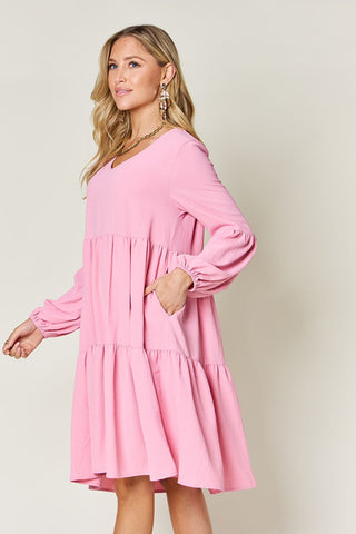 Shop Double Take Full Size V-Neck Balloon Sleeve Tiered Dress with Pockets - High-Quality U.S. Made Women’s Fashion with Free & Fast Shipping