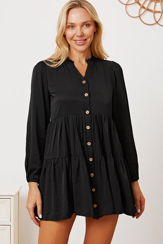 Shop Black Ruffled Button Up Long Sleeve Tiered Shirt - High-Quality U.S. Made Women’s Fashion with Free & Fast Shipping