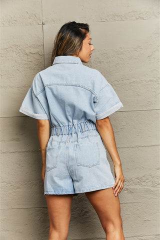 Shop Collared Neck Denim Romper with Pockets - High-Quality U.S. Made Women’s Fashion with Free Fast Shipping